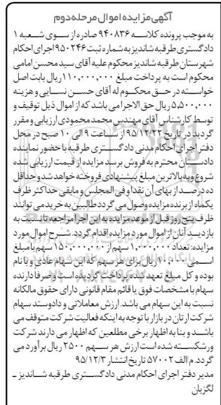 مزایده,مزایده تعداد 1.000.000 سهم از 150.000.000 سهم