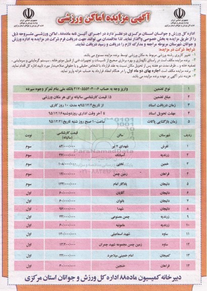 آگهی مزایده , مزایده واگذاری اماکن ورزشی