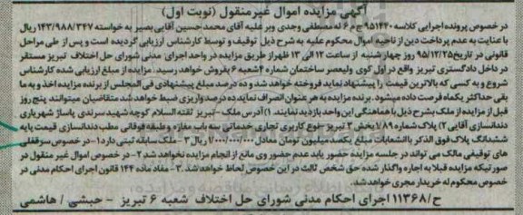 مزایده,مزایده ملک بخش سه تبریز کاربری خدماتی تجاری نوبت اول