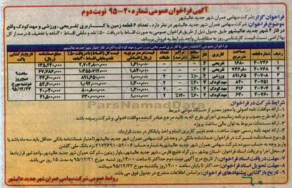 مزایده,مزایده تعداد شش قطعه زمین کاربری تفریحی ورزشی مهدکودک نوبت دوم