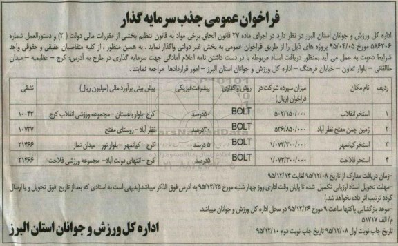 فراخوان عمومی , فراخوان جذب سرمایه گذار پروژه استخر