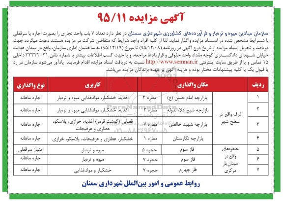 آگهی مزایده , مزایده تعداد 7 باب واحد تجاری 95.12.8