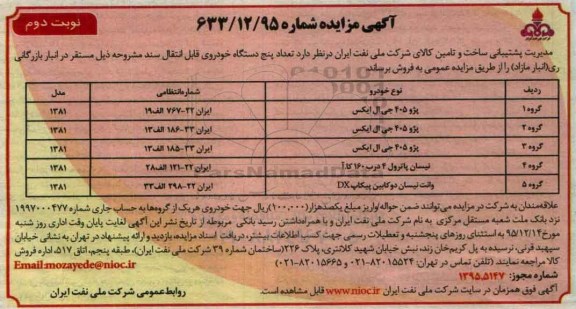 آگهی مزایده , مزایده تعداد پنج دستگاه خودروی قابل انتقال سند - نوبت دوم