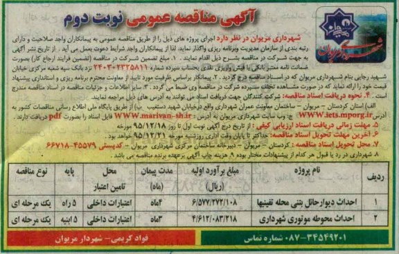 آگهی مناقصه عمومی , مناقصه احداث دیوار حائل بتنی محله تفینیها.... نوبت دوم