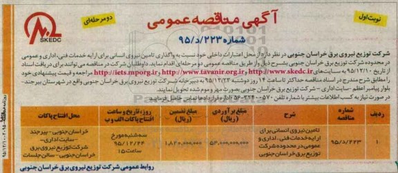 آگهی مناقصه عمومی دو مرحله ای , مناقصه واگذاری تامین نیروی انسانی
