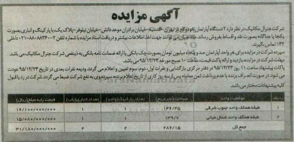 مزایده,مزایده دو دستگاه آپارتمان مساحت 286.15مترمربع 