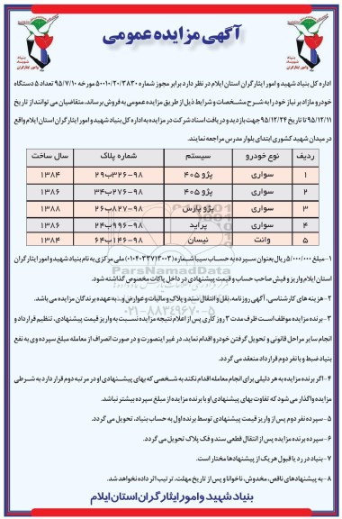 آگهی مزایده عمومی, مزایده فروش تعداد 5 دستگاه خودرو مازاد بر نیاز