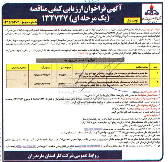آگهی فراخوان ارزیابی کیفی مناقصه یک مرحله ای , فراخوان خط تغذیه و شبکه توزیع روستاهای....