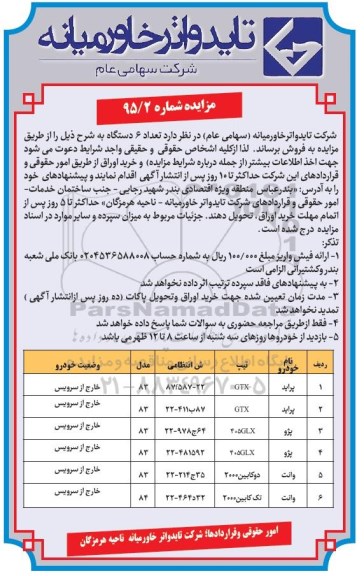 مزایده, مزایده فروش تعداد 6 دستگاه خودرو