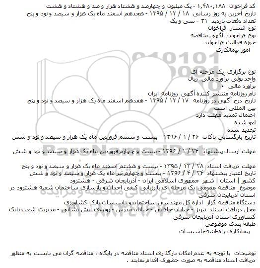 مناقصه احداث و بازسازی ساختمان شعبه هشترود