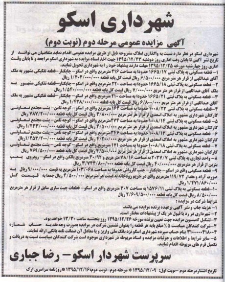 مزایده,مزایده واگذاری املاک شامل ده قطعه مسکونی تجاری نوبت دوم