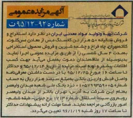 مزایده استخراج و فروش سالیانه 50 هزار تن کانسنگ مس- 95.12.21