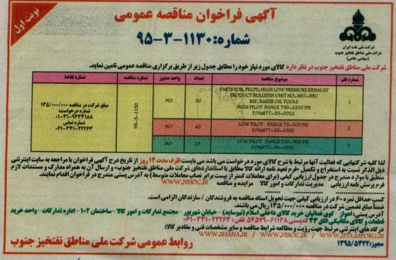 آگهی فراخوان مناقصه عمومی, مناقصه خرید PARTS FOR, PILOT, HIGH LOW PRESSURE...