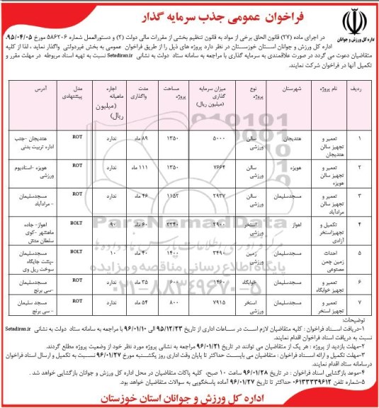 فراخوان عمومی جذب سرمایه گذار,فراخوان تعمیر و تجهیز سالن هندیجان