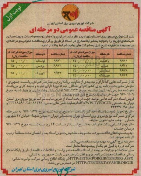 آگهی مناقصه عمومی دو مرحله ای , مناقصه اجرای پروژه های توسعه و احداث و بهینه سازی شبکه های توزیع 