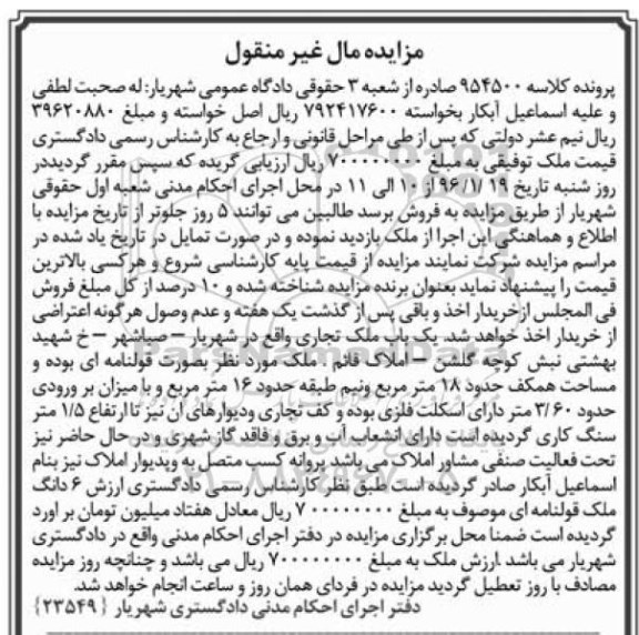 مزایده,مزایده ملک تجاری همکف هجده متر