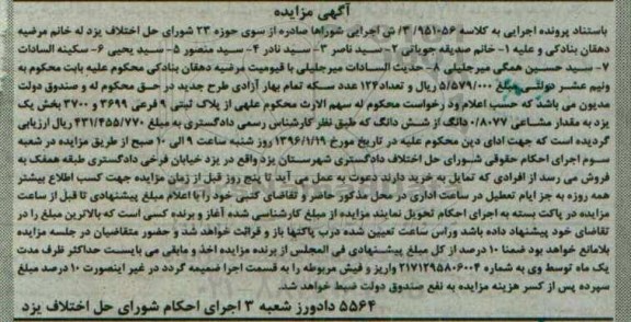 مزایده,مزایده پلاک ثبتی نه فرعی بخش یک یزد