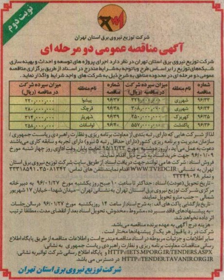 آگهی مناقصه عمومی دو مرحله ای , مناقصه اجرای پروژه های توسعه و احداث و بهینه سازی شبکه های توزیع شهرری... - نوبت دوم 