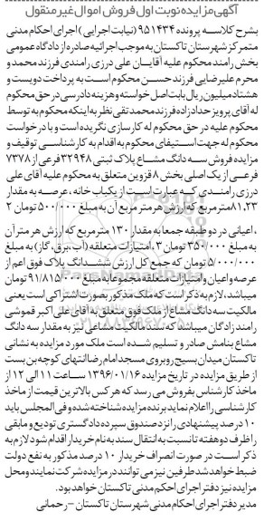 مزایده,مزایده سه دانگ مشاع پلاک ثبتی 32948 فرعی نوبت اول