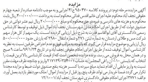آگهی مزایده, مزایده فروش یک سهم از کل هزار سهم شرکت مس و طلا
