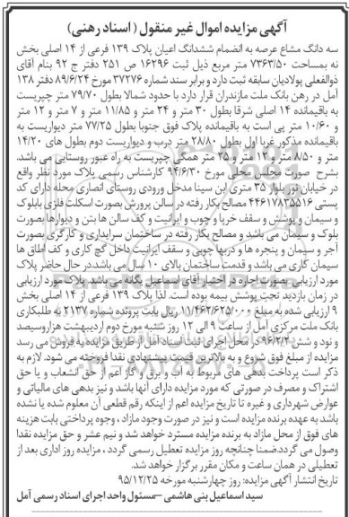 مزایده,مزایده سه دانگ مشاع عرصه به انضمام ششدانگ اعیان پلاک 139 فرعی 