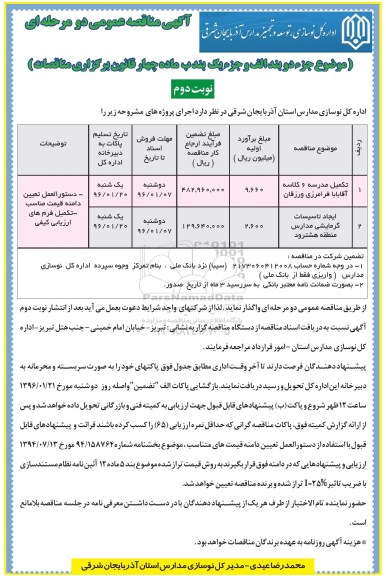 آگهی مناقصه عمومی , مناقصه احداث مدرسه 6 کلاسه آقابابا فرامرزی ورزقان و ...نوبت دوم 