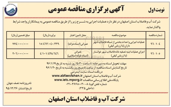 اگهی برگزاری مناقصه عمومی , مناقصه عملیات اجرایی و احداث بخشی از شبکه فاضلاب شهر داران ....