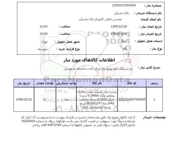 استعلام  دو دستگاه تابلو توزیع برق