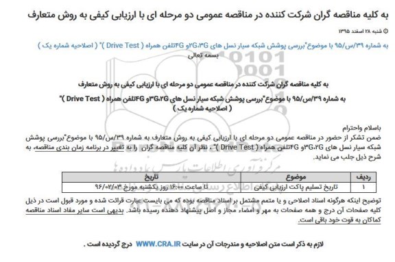 مناقصه بررسی پوشش شبکه سیار نسل های 4G,3G,2G تلفن همراه DRIVE TEST اصلاحیه