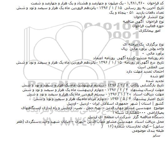 مناقصه مهندسین مشاور مهاب قدس – تهیه،حمل ، نصب، آزمایش و راه اندازی ...