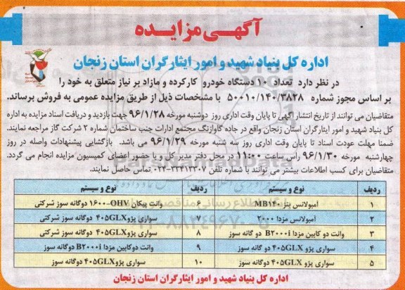 آگهی مزایده،آگهی مزایده فروش تعداد 10 دستگاه خودرو کارکرده و مازاد