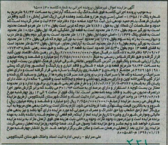 مزایده,مزایده ششدانگ اپارتمان به مساحت 98.44متر