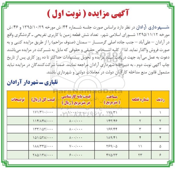 مزایده,مزایده تعداد شش قطعه زمین کاربری تفریحی گردشگری 