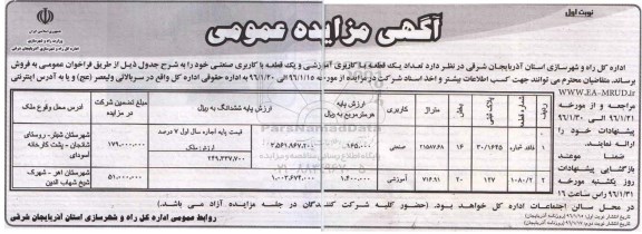 مزایده,مزایده دو قطعه پلاک ثبتی کاربری اموزشی و صنعتی 