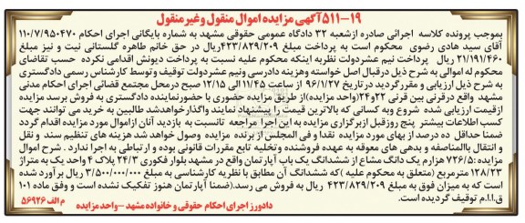 مزایده,مزایده 726.5 هزارم یک دانگ مشاع از اپارتمان