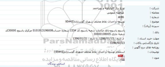 مناقصه توسعه و احداث نقاط مختلف شهری گچساران 