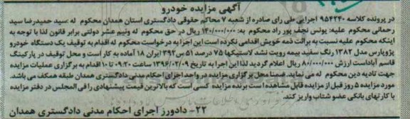 مزایده,مزایده  یک دستگاه خودرو پژو پارس مدل 1382 رنگ سفید 