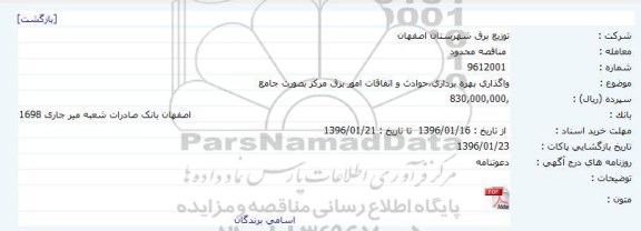 مناقصه محدود, مناقصه  واگذاری بهره برداری، حوادث و اتفاقات امور برق مرکز بصورت جامع 