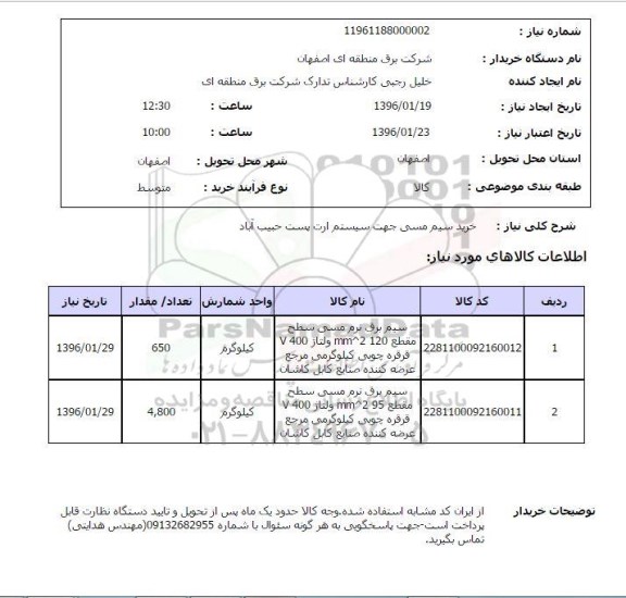 استعلام, استعلام خرید سیم مسی
