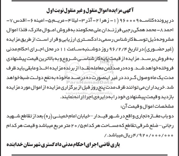 مزایده,مزایده دو باب مغازه تجاری هر کدام 20.5متر