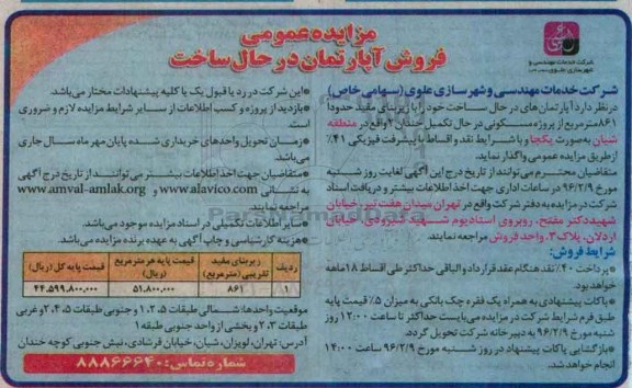 مزایده,مزایده فروش اپارتمان های در حال ساخت زیربنا 861متر
