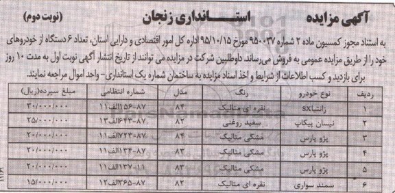 آگهی مزایده , مزایده فروش تعداد 6 دستگاه از خودروها- نوبت دوم