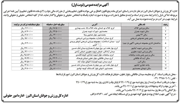 مزایده , مزایده اجاره سالن ورزشی کلاک