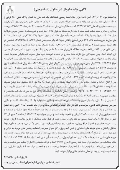 مزایده,مزایده ششدانگ یکباب منزل مساحت 199.20متر