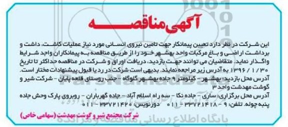 مناقصه تعیین پیمانکار جهت تامین نیروی انسانی