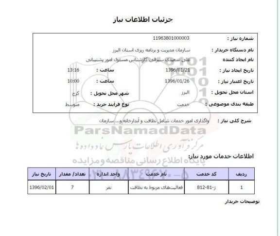 استعلام, استعلام واگذاری امور خدمات شامل نظافت و آبدارخانه و ...سازمان