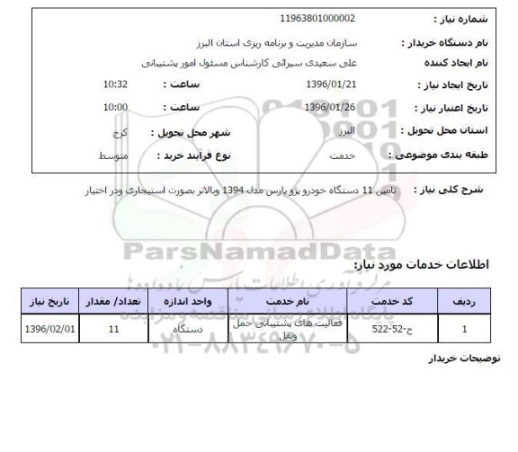 استعلام تامین 11 دستگاه خودروی پژو پارس