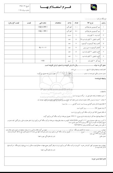 استعلام , استعلام سیم آلومینیومی و کت اوت و کملپ رابط و ... 96.01.21