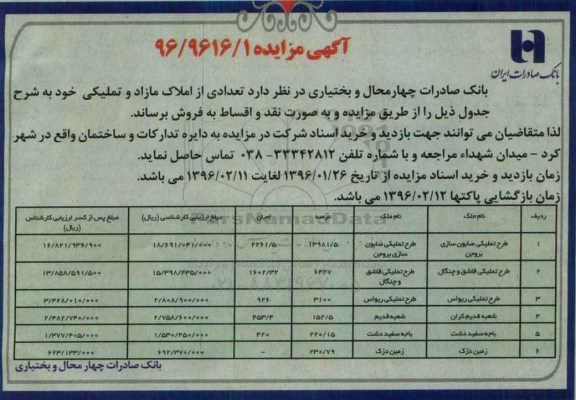 مزایده,مزایده فروش تعدادی از املاک مازاد و تملیکی