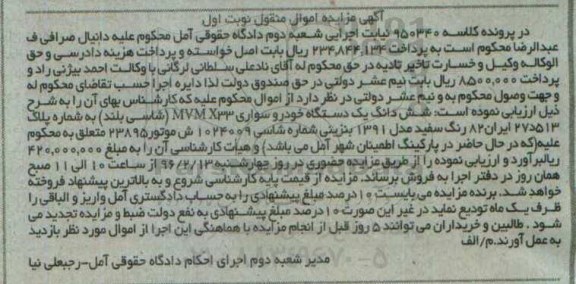 مزایده شش دانگ یک دستگاه خودروی سواری mvm